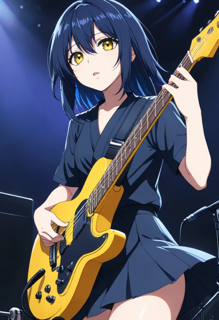 Miko yotsuya playing guitar in concert (yelllow eyes)   black blue hair