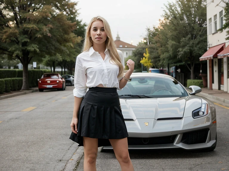 blonde ,24 ,USA ,body, with skirt and shirt,in front of a ferari ,someone take picture of her long distance