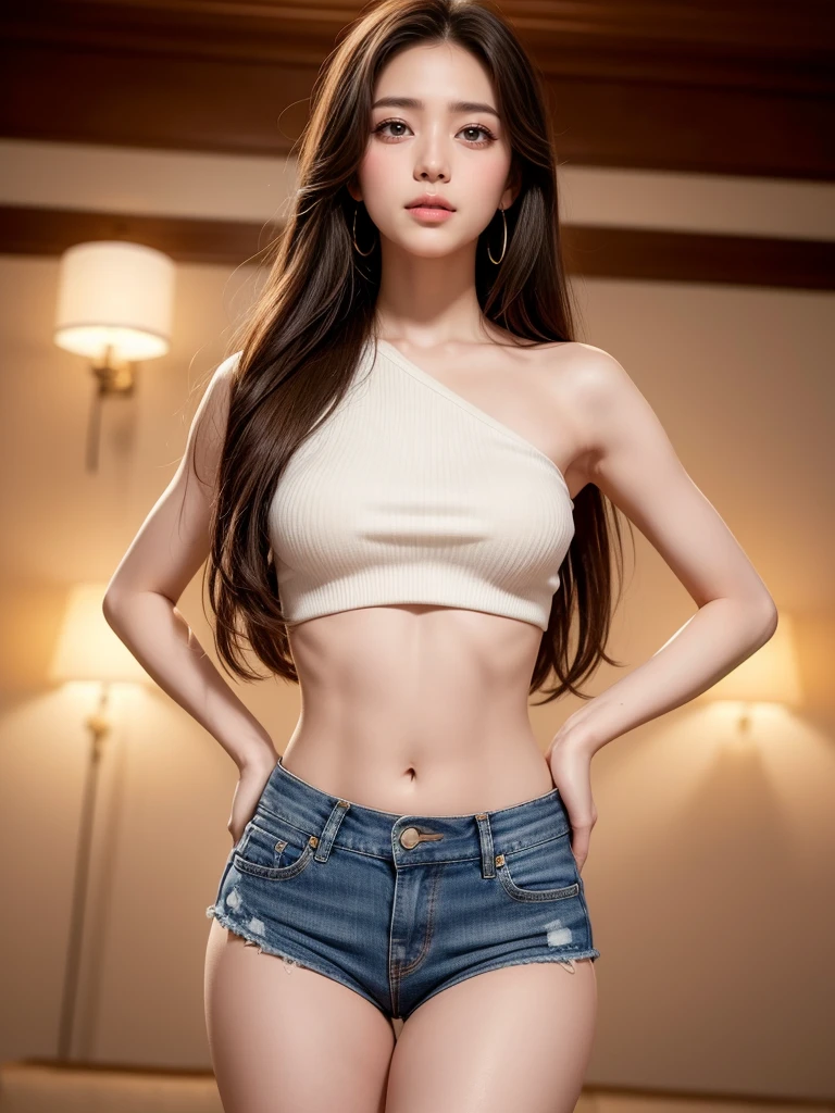 8K, masutepiece, Very sexual body 、Raw foto, Best Quality, More bold exposure 、Photorealistic, Wallpapers with extreme details CG Unity 8K, depth of fields, Cinematic Light, lensflare, Ray traching, (Extremely beautiful face, Beautiful lips, beautidful eyes), intricate detail face, ((Ultra Detail Skin)) 1girl in, (Korean model Kim Daun, Dhoni), (Korean model Kim Daun, Dhoni), (Korean model Kim Daun, Dhoni), (Korean model Kim Daun, Dhoni), (Korean model Kim Daun, Dhoni),1 girl, (very thin muscular body:1.3), ((look up at viewer)),(huge smile:1.3), (blured background), A glimmer of light), (No people in the background.:1.3), Beautiful earrings, Clear eyes, Front shot, (pale-skinned), (Big eyes), (Big eyes) (Big eyes), (Big eyes), (Big eyes), Facing forward, (Full body shot), (ligh brown hair), Open the navel............, (look up at viewer:1.3), Very slim, a slender waist, small hips, , a slender waist, small hips, a slender waist, small hips, a slender waist, small hips, ((wide open abdomen))、((open abdomen))、((wide open navel))、((open navel))、((Bare belly))、((Mid-Riff Sweater))、((Ultra-low rise、Denim Mini Skirt))、 ((Navel Ejection))、((small hips))、((Full body depiction))、((small  hip))、(boots)、((Ultra-low rise))、((Denim Mini Skirt))、((is standing))、)