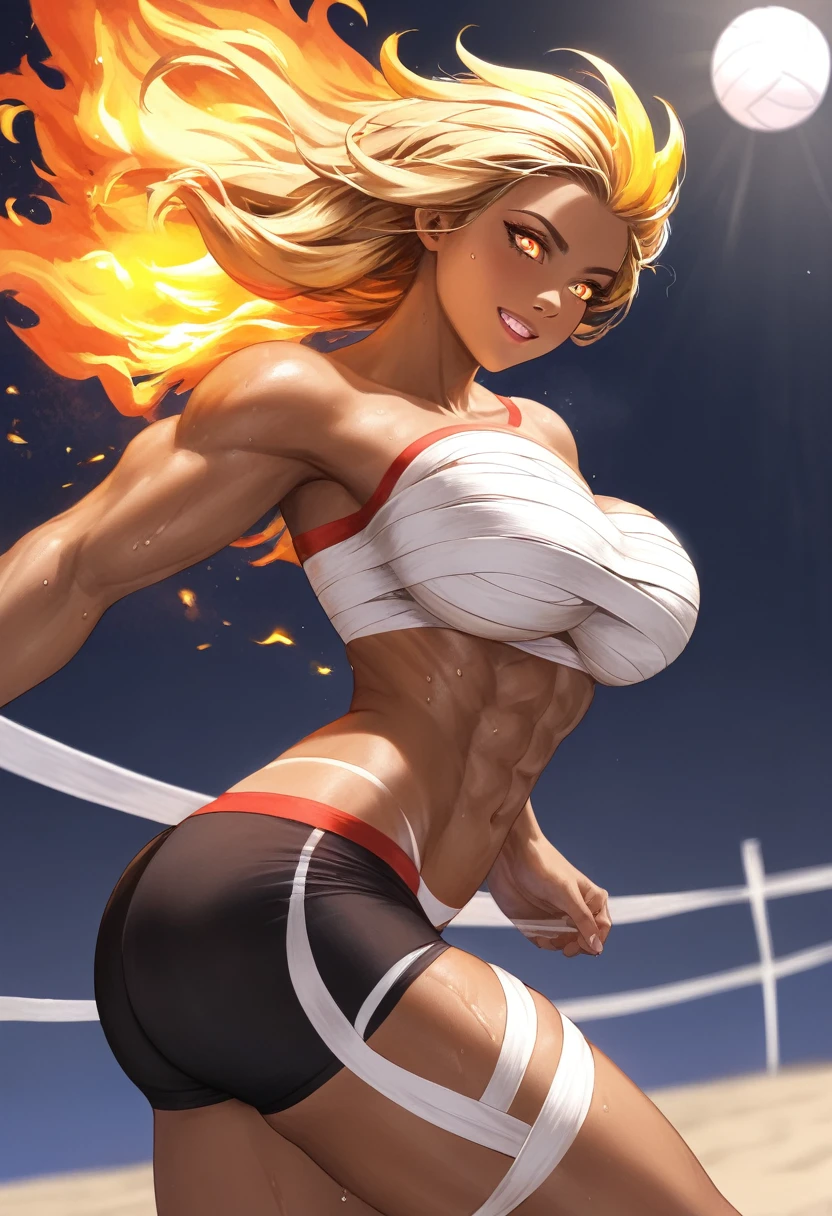 Prompt 

detailed illustration, (front view), (side view),dynamic angle, ultra-detailed, illustration, clean line art, shading, anime, detailed eyes, detailed face, beautiful face, dramatic lighting, detailed illustration, dynamic angle, ultra-detailed, illustration, single woman 

Fit, toned abs, ((volleyball shorts)), ((fundoshi breast wrap)), volleyball player, big round ass, big tits, caramel tan skin, dark skin tone, wide hips, narrow waist, thunder thighs, (blazing blonde hair), (glowing eyes), glowing sclera, muay thai wraps, small strong biceps, sweat, ((bandaged breasts)), flaming hair, hair is fire, flames rolling down skin, clothes catching on fire, embers, sweats fire, sweat is fire, tan lines, Hispanic, Latina, tight pants, bandage wrapped around chest, brown skin