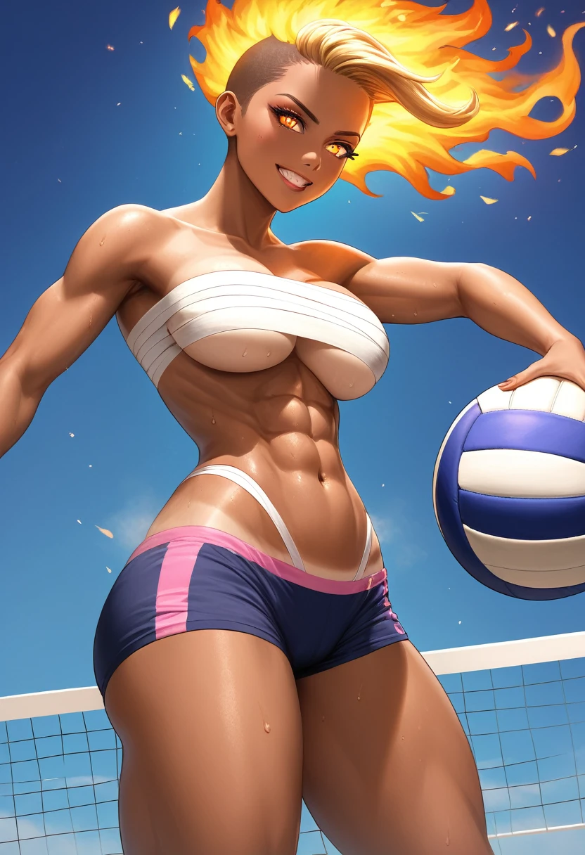 Prompt 

detailed illustration, (front view), (side view),dynamic angle, ultra-detailed, illustration, clean line art, shading, anime, detailed eyes, detailed face, beautiful face, dramatic lighting, detailed illustration, dynamic angle, ultra-detailed, illustration, single woman 

Fit, toned abs, ((volleyball shorts)), ((fundoshi breast wrap)), volleyball player, big round ass, big tits, caramel tan skin, dark skin tone, wide hips, narrow waist, thunder thighs, (blazing blonde hair), (glowing eyes), glowing sclera, muay thai wraps, small strong biceps, sweat, ((bandaged breasts)), flaming hair, hair is fire, flames rolling down skin, clothes catching on fire, embers, sweats fire, sweat is fire, tan lines, Hispanic, Latina, tight pants, bandage wrapped around chest, brown skin