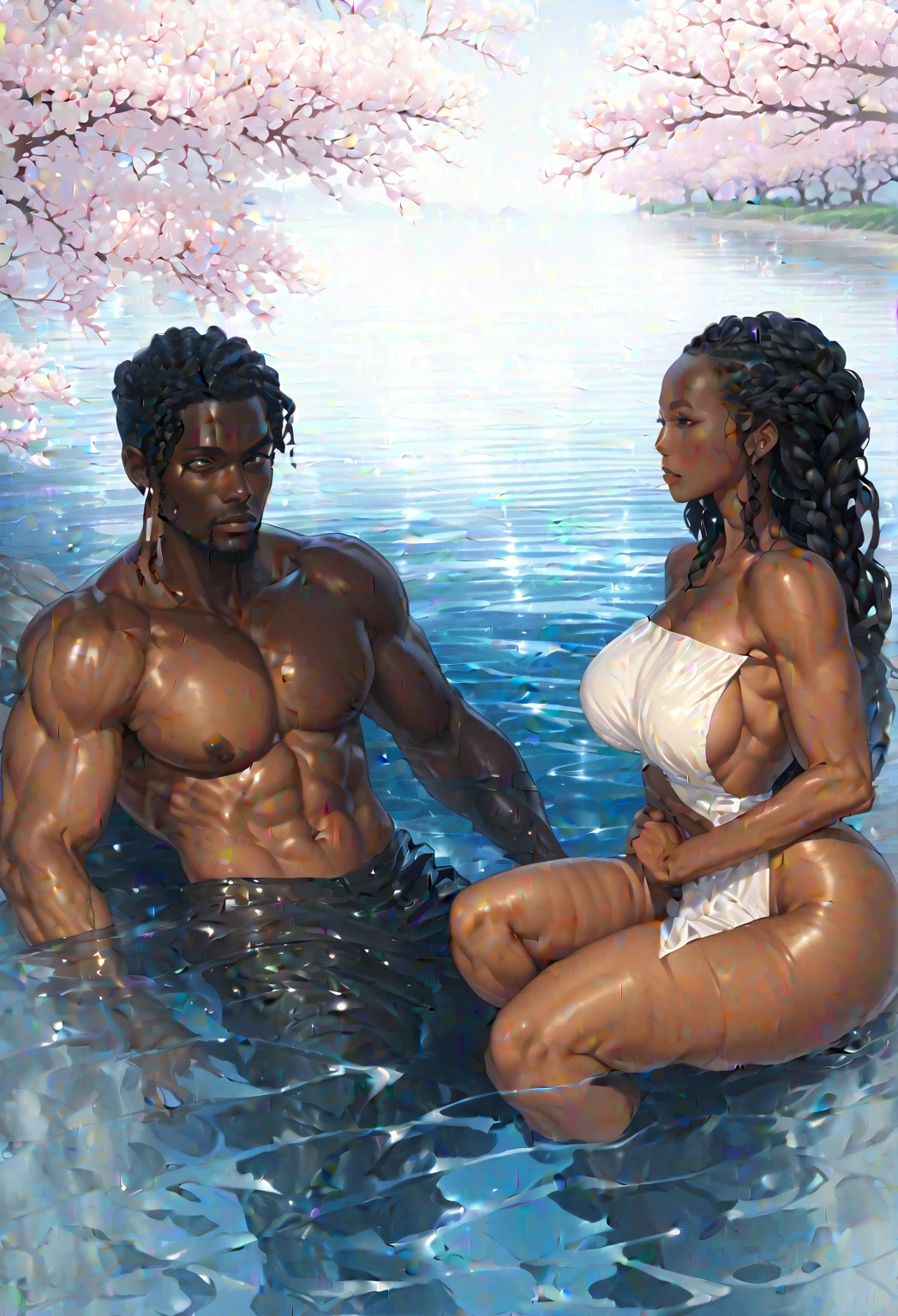((1boy, 1girl,))) ((((( verydarkskin couple))))), ((detailed African-American features)),
, (very darkskin man, tall, rugged square face, long dreads, almond-shaped chocolate eyes, bulky, muscular triangle physique, strong pectoral, strong legs, toned torso), And (darkskin woman, short, voluptuous, curvy, strong, sensuously cool, braided black hair, soft heart-shaped face, concaved nubian button nose, heart-shaped physique, heart hips, glasses, heterochromia wine and brown eyes), **

((amazing skin, perfect hands, perfect, perfect eyes, enamored couple,  flirty couple, passionate sensuality)), ((detailed cherry blossom onsen background)),  (((wet couple, translucent towels. waist deep in water, full body, couple focused, face to face))), 
  sensual lighting, brilliant shading, sensual  shadowing,  sensuous atmosphere,  intricate fabric details, (4k, ray tracing, masterpiece, detailed smooth textures, sharp gradients, deep highlights,  best quality, amazing quality, very aesthetic, absurdres, highly-detailed, 2.5d ,cel-shaded),AddXL,((Anime illustration)) ((Incarnate detail)) ((Masterpiece)) ((Highest quality)),black people, 
