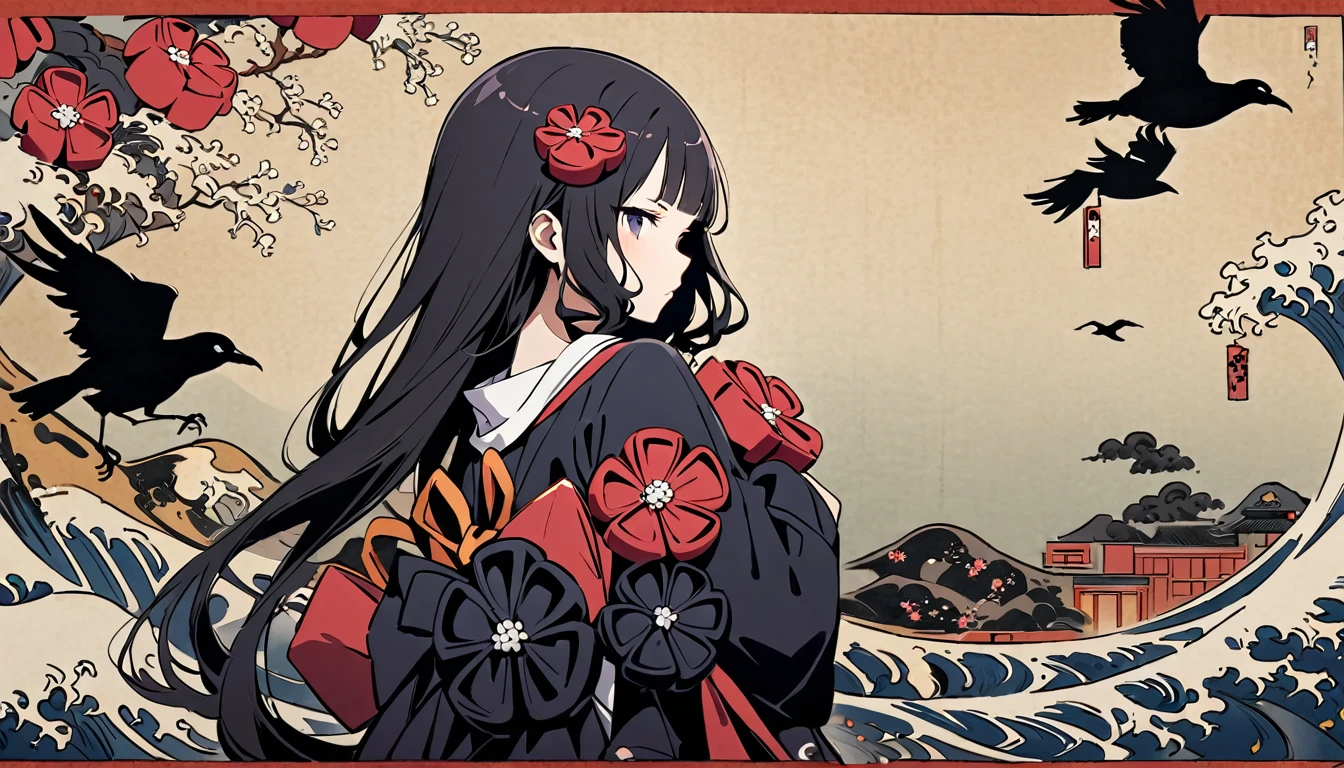 (((Highest quality))), (((Katsushika Hokusai))), (((Ink Painting))), ((very straight longhair)), ((1 girl)), ((Put a crow on your shoulder)), ((beautiful girl)), Japanese style headphones, Black Hair, Delicate and precise, Modern ukiyo-e style, teardrop sunglasses