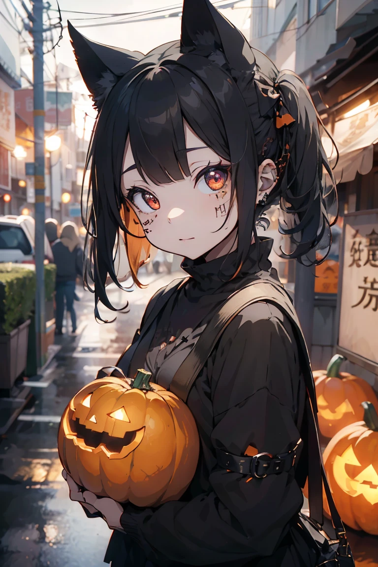 Pumpkinの魔女の帽子と悪魔の角を持つ少女, Raining Orange Liquid, Orange style and face tattoo, Pumpkin, Halloween Theme