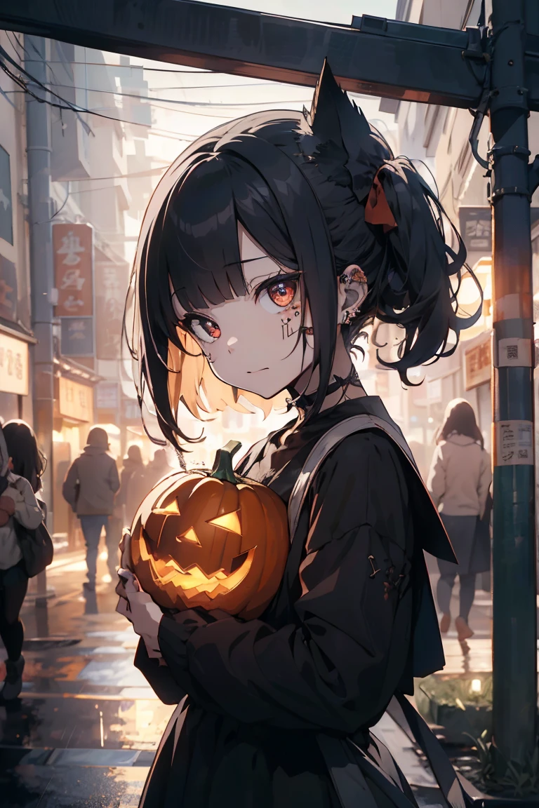 Pumpkinの魔女の帽子と悪魔の角を持つ少女, Raining Orange Liquid, Orange style and face tattoo, Pumpkin, Halloween Theme