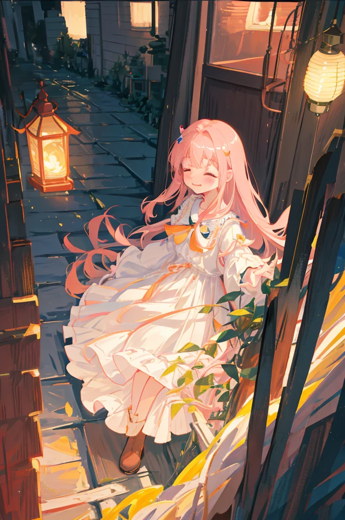 twilight, nightfall, tall lanterns, dusk sea on the background, lighthouse far away, city garden, beautiful, masterpiece, 1-girl, teen aged, long lolita style white dress, happy face, closed eyes, blush on the cheeks, A hand is outstretched towards me, very long fair hair, high black leather boots