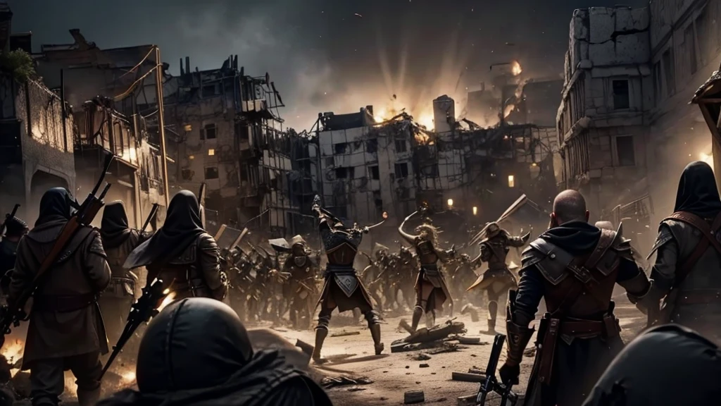 An angry group of people taking up weapons and starting a great revolution in a destroyed town, people wearing crusader clothes