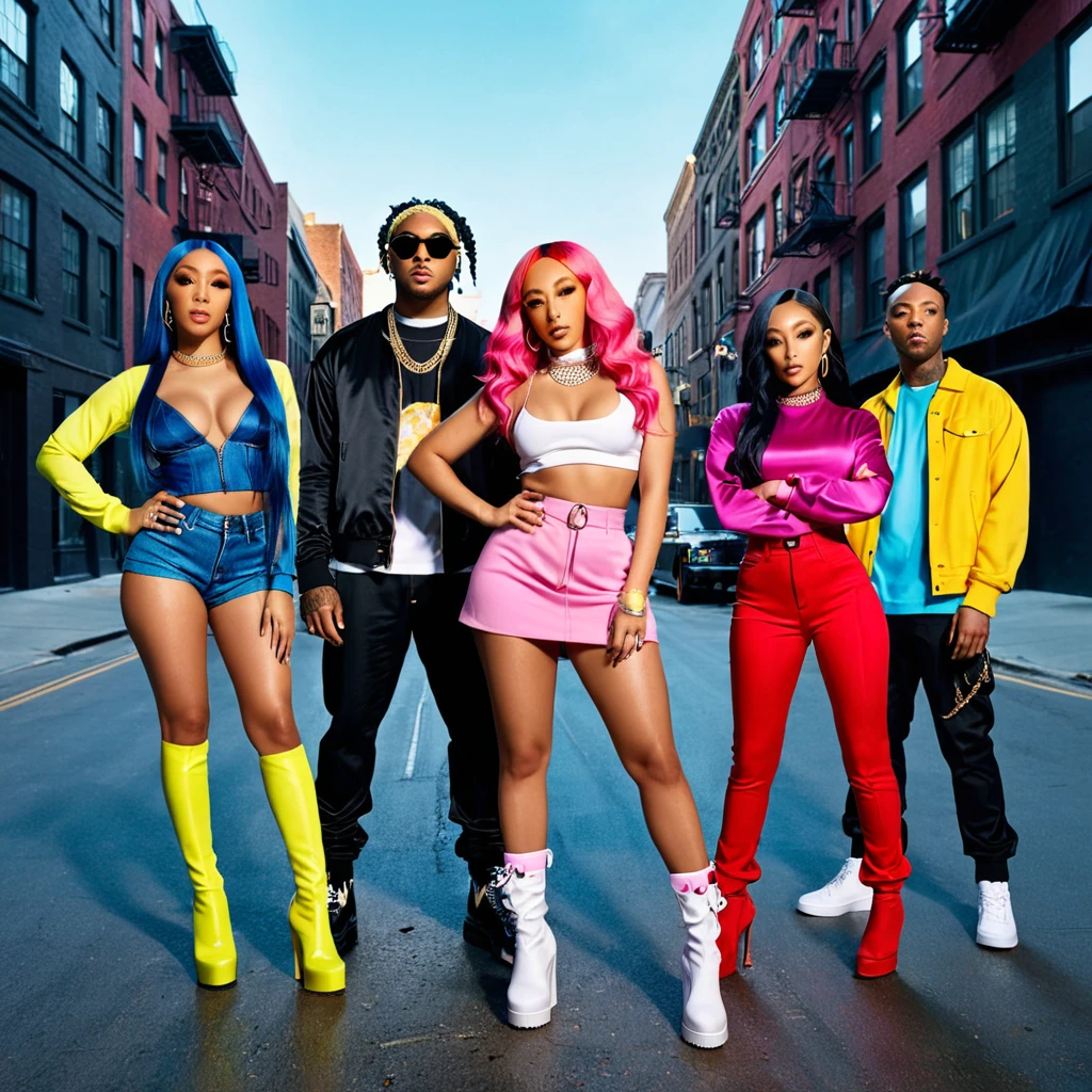 Promotional Photo for Pop Rap Single Bang Bang feat. Alice, Chelsea and Band to Relapse by artist called Doja Cat, group, city, urban, arms
