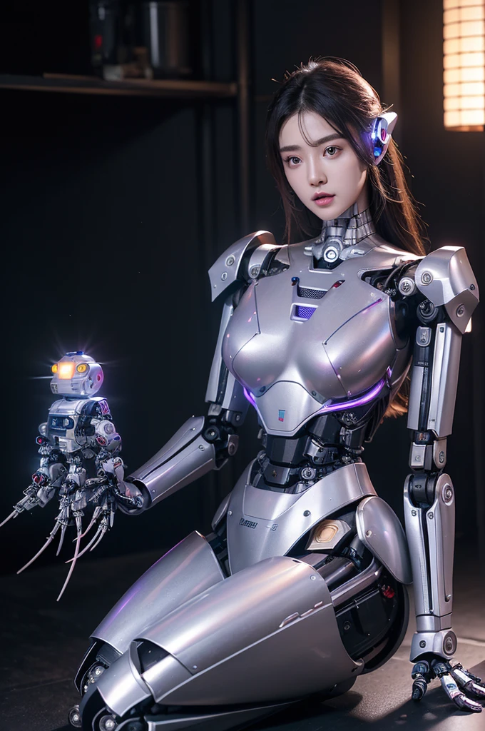 top quality、masterpiece、Super high resolution、(realistic:1.4)、((Beauty:1.6)), 전신 cyborg 소녀 1명、sixteen years old、No human、((The skin area is only for the face.)), shining eyes、((Poly split metal chest protector)), Metal Robot、((The entire body is that of a combat robot.))、((Body parts are robot parts:1.8))、((The internal mechanisms of the chest are exposed.)), ((Mechanical chest armor with LED indicators and meters)), Robotic arms and legs、((exposed metal framework of the abdomen))、Metal skeleton of the cervix、Under repair、Destroyed corpses、metal mechanical bra、full body metal 스킨、Metal bodysuit、Metal scales covering the entire body、body made of metal、full body metal、Beauty、Prosthetic limbs、Prosthetic leg、전신 cyborg、exposed metal framework、asian beauty、cyberpunk、steampunk、Inside a futuristic space battleship、Misbehavior、Intricate 3d rendering beautiful porcelain profile highly detailed female type android face、dark brown hair、shiny skin、((매우 realistic 디테일))、portlate、world lights、shadow、octane render、rail、Details of intricate ornaments、Japan Details、very intricate details、realistic light、CG soation trend、purple eyes、shining eyes、towards the camera、neon details、mechanical limbs、Vascular system attached to the back Blood vessels connected to the spine、Cervical spine mechanically attached to the neck、sit on、Wires and cables connected to the head、Gundam、Compact LED lampasterpiece、 Metal Robot、body made of metal、full body metal、Prosthetic limbs、Prosthetic leg、전신 cyborg、exposed metal framework、asian beauty、cyberpunk、steampunk、Future city、Misbehavior、Intricate 3d rendering beautiful porcelain profile highly detailed female android face、cyborg、robotic parts、150mm、beautiful studio soft lighting、rim light、vivid details、Luxurious cyberpunk、ren hao、surrealistic、anatomical、Facial muscles、cable electrical wire microchip、elegant、beautiful background、octane render、HR Giger Style、8K、top quality、masterpiece、enlightenment、very delicate