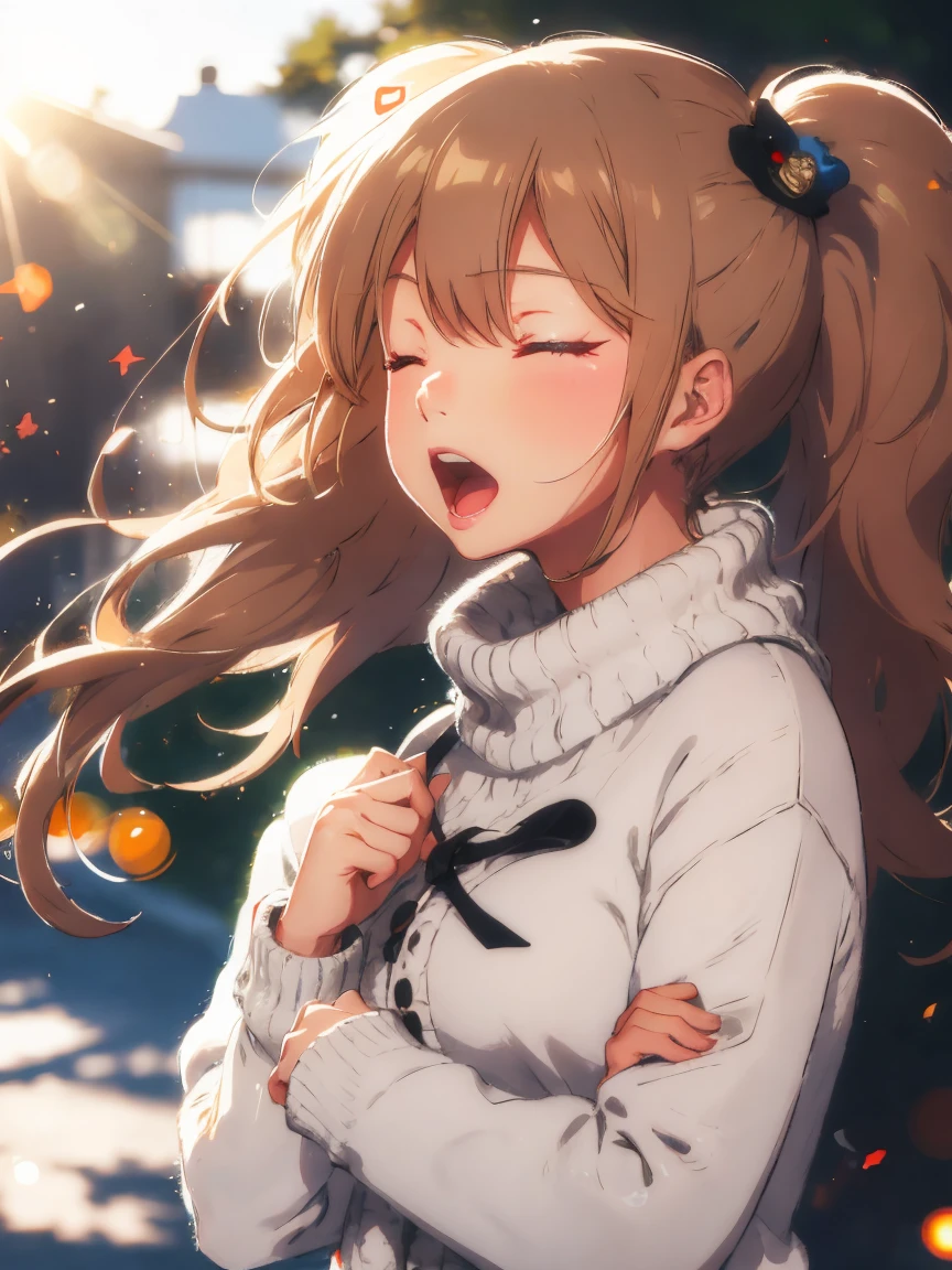 girl, Wear a cozy sweater, Upper Body, (LOL:1.1), (Open your mouth:1.1), (Eyes Wide Open:1.2), Sun glare, Bokeh, Depth of written boundary, Blurred Background, Particles of light, Strong winds, (Heart Particles:1.1)