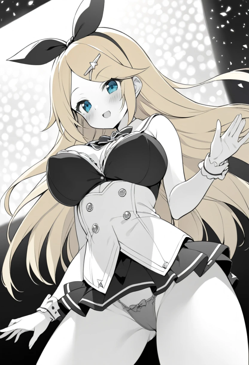 KAGAMINE RIN, long HAIR, BOW, blonde hair., large breasts,, Live Stage, solo nsfw (nothing monochrome:1.5)