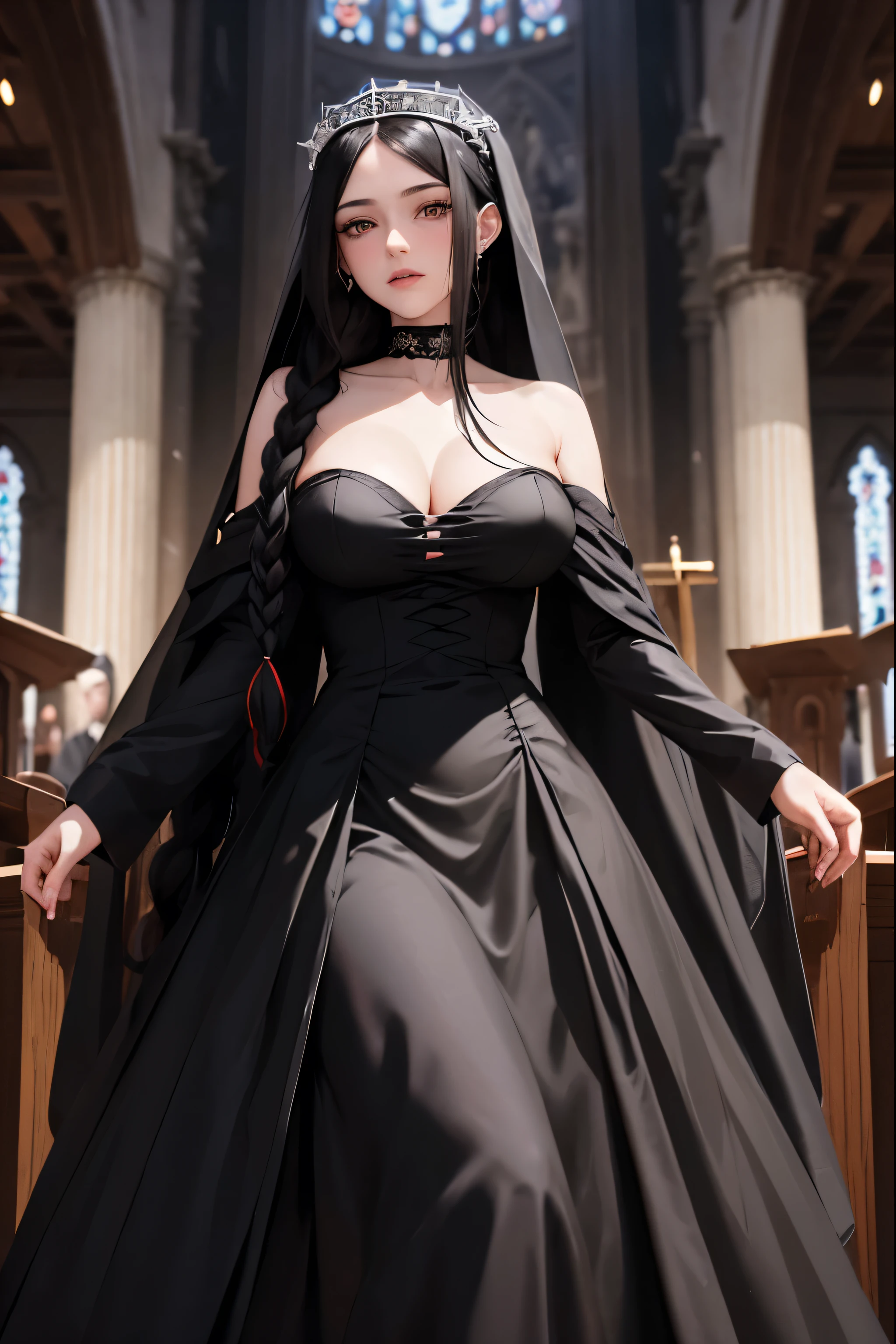 Woman, Black Hair, ((Long Hair in Tight Twin Braid)), Pale Skin, Wedding Gown, ((Black Wedding Gown)), Black Veil, Large Breasts, Woman (in church) 