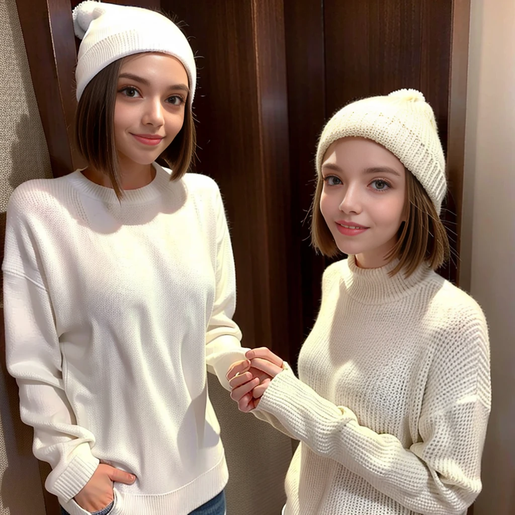 white sweater, white beanie, one girl,