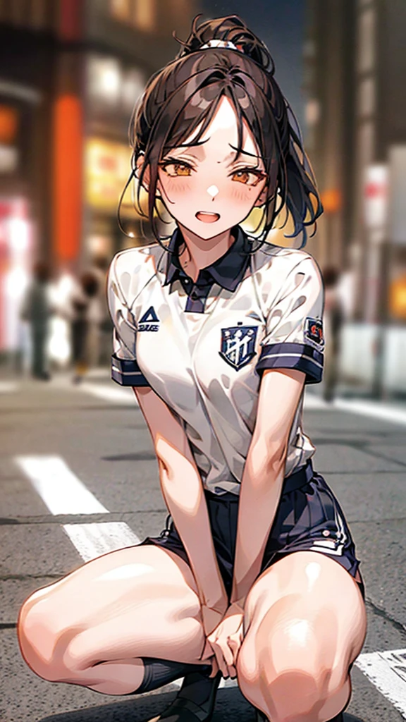 orgasm:2.0,ponytail,three woman,group shot,squat,open legs,torn uniform,background soccer field,orange color