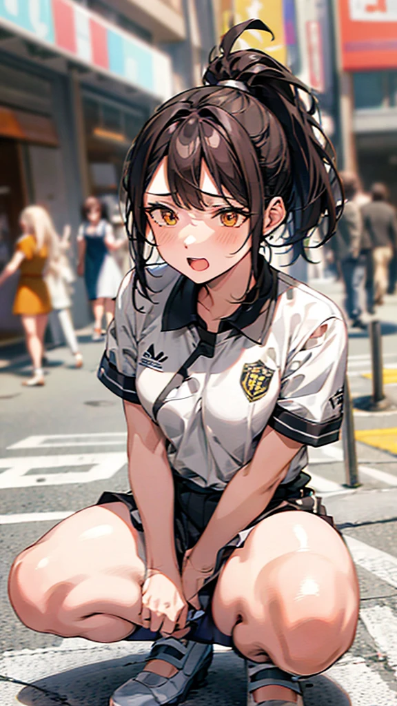 orgasm:2.0,ponytail,three woman,group shot,squat,open legs,torn uniform,background soccer field,orange color