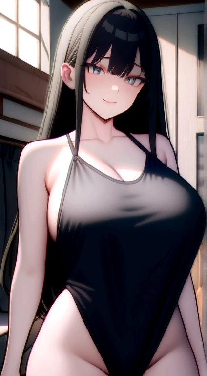 ((Highest quality, 8K, masterpiece :1.3)), One girl, Beautiful woman with slim abdominal muscles: 1.3, (Long Hair, Big Breasts: 1.2), Oversized tank top: 1.2, Very delicate face, Delicate eyes, double eyelid, smile, Home