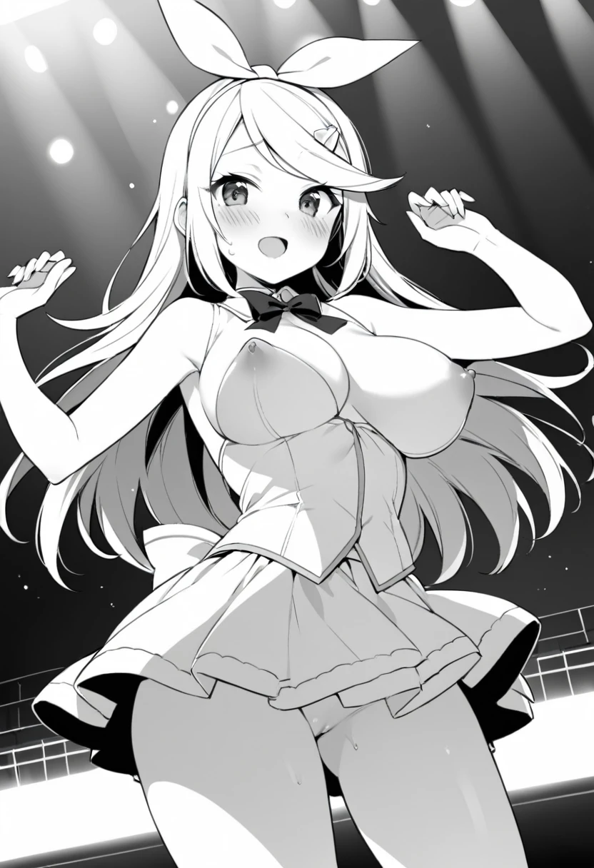 KAGAMINE RIN, long HAIR, BOW, blonde hair., large breasts,, Live Stage, solo  nsfw　(monochrome nothing:1.5)