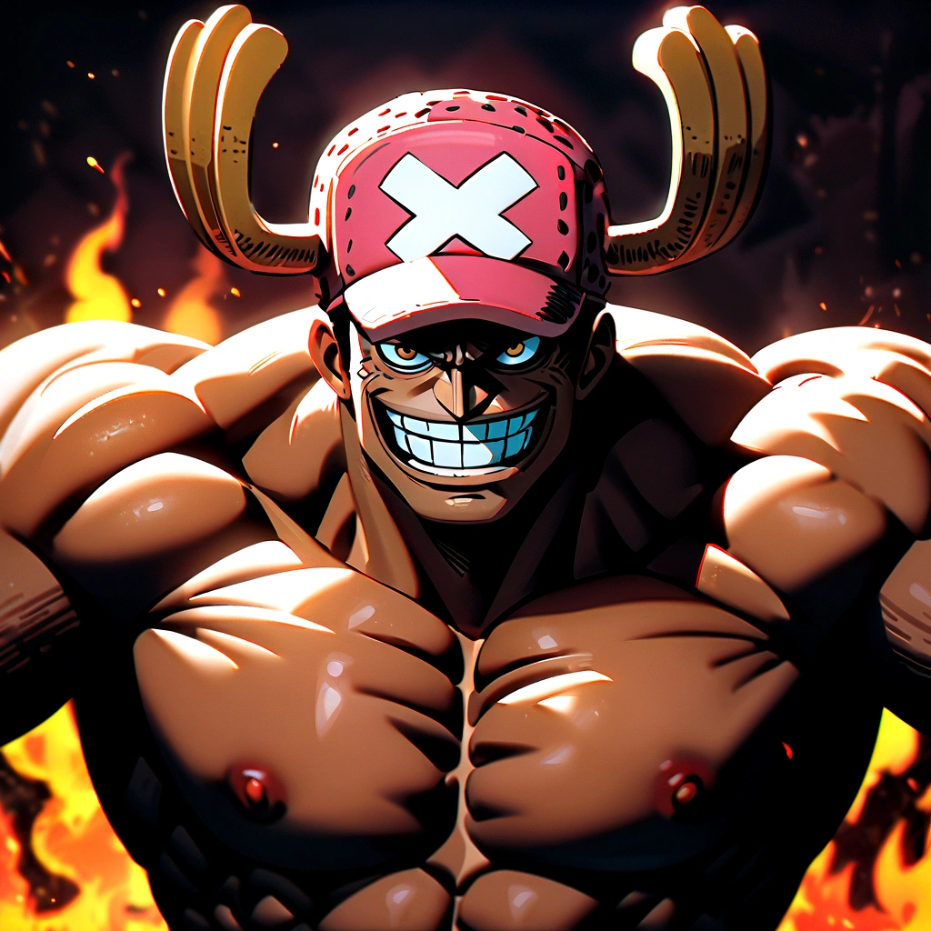 1 male, chopper, one piece, smiling, body on fire, upper body only, Facial features carefully detailed, hands carefully depicted, very muscular, flexing arms position, dark background, 8k, best quality