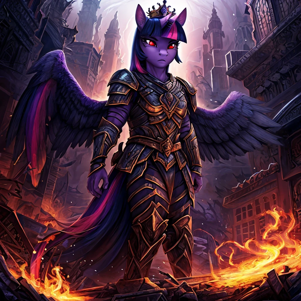 A war-torn apocalyptic city in flames, an evil leader anthro alicorn pony queen Twilight Sparkle with a scar across face, 1girl, ??????, detailed feathered wings and unicorn horn, detailed hands and feet, wearing steel armor, surrounded by dark magic and flames, wearing a crown, beautiful detailed eyes, beautiful detailed lips, red eyes, extremely detailed eyes and face, long eyelashes, anime portrait, fantasy portrait, dark fantasy, concept art, digital painting, hyper-detailed, cinematic lighting, volumetric lighting, dramatic colors, deep shadows, moody atmosphere, intricate texture, highly detailed armor, ornate crown, glowing dark magic effects, dynamic pose, photorealistic, 8k, HDR, physically-based rendering, vibrant colors, cinematic framing