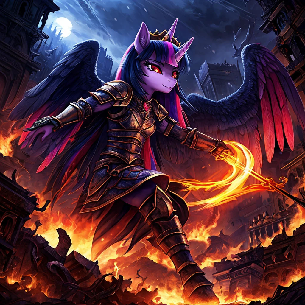A war-torn apocalyptic city in flames, an evil leader anthro alicorn pony queen Twilight Sparkle with a scar across face, 1girl, corpse, detailed feathered wings and unicorn horn, detailed hands and feet, wearing steel armor, surrounded by dark magic and flames, wearing a crown, beautiful detailed eyes, beautiful detailed lips, red eyes, extremely detailed eyes and face, long eyelashes, anime portrait, fantasy portrait, dark fantasy, concept art, digital painting, hyper-detailed, cinematic lighting, volumetric lighting, dramatic colors, deep shadows, moody atmosphere, intricate texture, highly detailed armor, ornate crown, glowing dark magic effects, dynamic pose, photorealistic, 8k, HDR, physically-based rendering, vibrant colors, cinematic framing