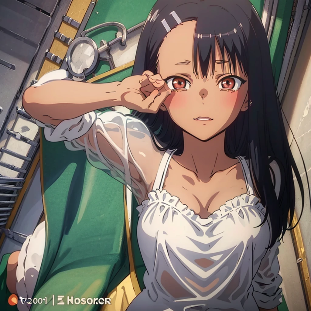 masterpiece, best quality, anime, highly detailed face, highly detailed eyes, highly detailed background,nagatoro hayase,1girl.solo,bedroom,(see-through camisole:1.2), cleavage, side-tie panties,(special occasion thong panties:1.3), wariza,armpits,