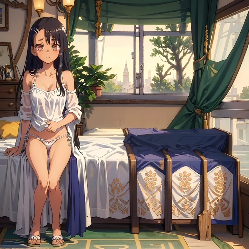 masterpiece, best quality, anime, highly detailed face, highly detailed eyes, highly detailed background,nagatoro hayase,1girl.solo,bedroom,(see-through camisole:1.2), , side-tie panties,l occasion thong panties:1.3), wrmpits,