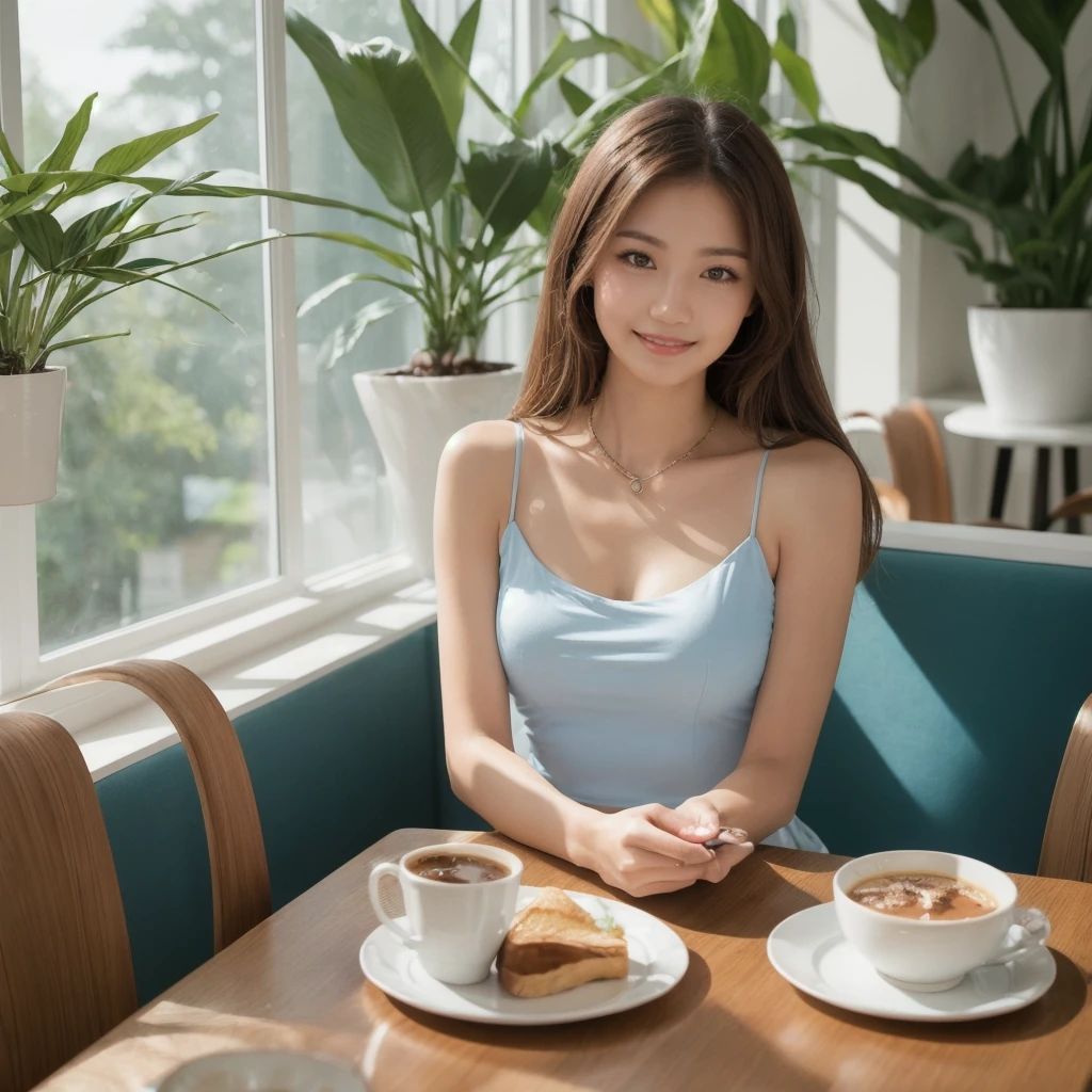 solo Detailed and realistic portrait of a beautiful young Asian woman。She has long light brown hair and big light brown eyes. ((medium breast, tomboy girls, small head)), daylight, sunlight, (chiseled abs : 1.1), (perfect body : 1.1), auburn hair, collar, chain, full body shot, , Top quality, 1 beautiful woman, long Hair, brown hair, A beautiful woman, wearing a light blue blouse, is enjoying breakfast with a smile and looking at the camera in a stylish cafe with a white-themed decor. The soft morning light filters through the large windows, illuminating the elegant, minimalist design of the cafe. She sits at a small table near a potted plant, sipping her coffee while looking out at the serene street. The breakfast spread includes a croissant, fresh fruit, and a perfectly plated avocado toast. The atmosphere is peaceful and sophisticated, highlighting the beauty of both the woman and the setting. detailed CG 8k wallpaper), (an extremely delicate and beautiful), (masterpiece), (best quality:1.0), (ultra highres:1.0),  beautiful lighting ,perfect lightning, realistic shadows, [highres], detailed skin, ultra-detailed