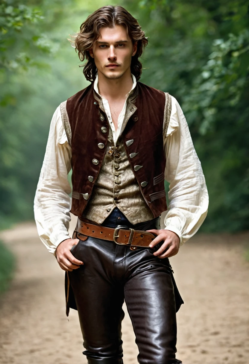 count, 25 years old. He favored loose, fine linen shirts and breeches that allowed him ease of movement, often in earthy tones to contrast his wild nights. A leather vest, adorned with metal fastenings, often replaced the heavy doublet, and his boots, though less polished, were of the finest craftsmanship. His hair, free and flowing. .by OlchaS,hot, 4k ultradetailed,steamy, expressive, emotional,