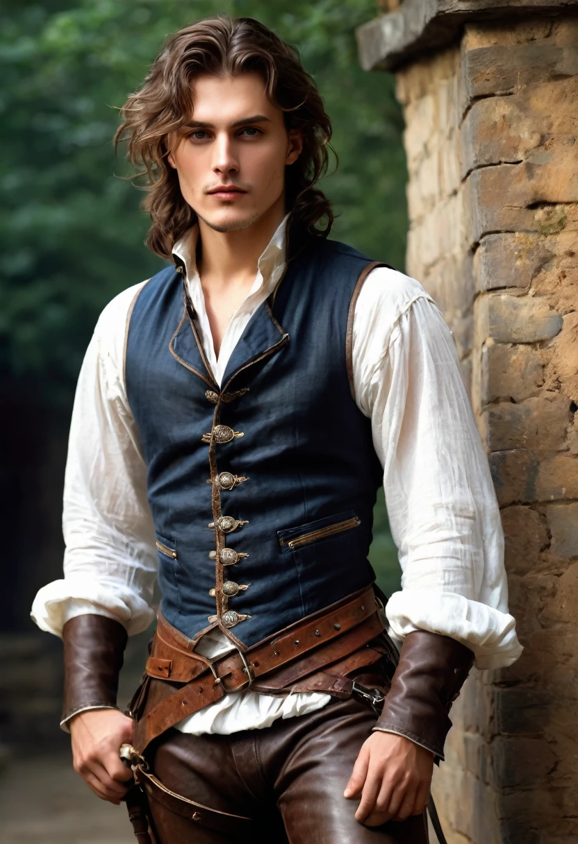 count, 25 years old. He favored loose, fine linen shirts and breeches that allowed him ease of movement, often in earthy tones to contrast his wild nights. A leather vest, adorned with metal fastenings, often replaced the heavy doublet, and his boots, though less polished, were of the finest craftsmanship. His hair, free and flowing. .by OlchaS,hot, 4k ultradetailed,steamy, expressive, emotional,