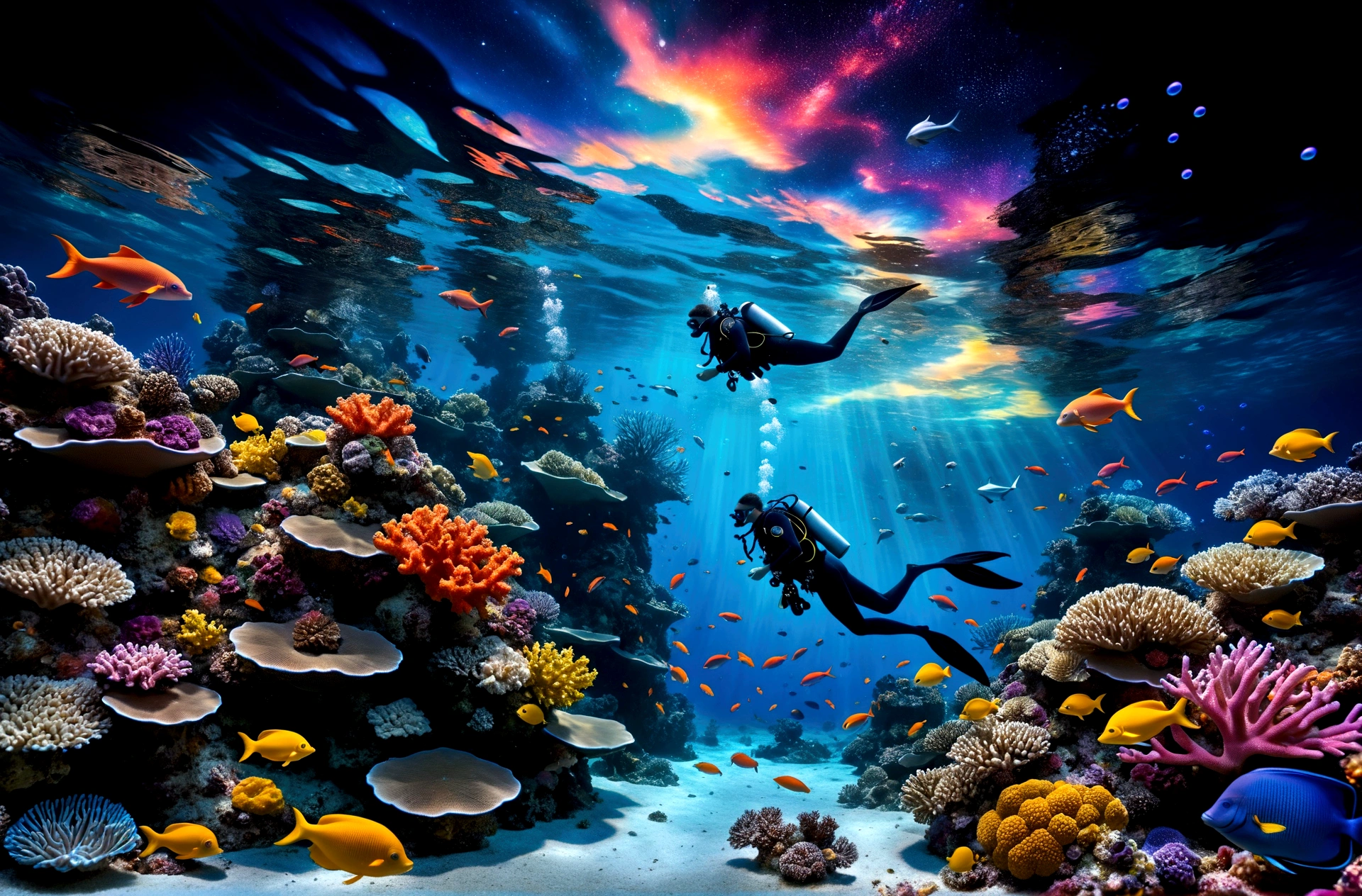 the image showcases a hyper-realistic and fantastical style, blending elements of underwater photography with digital art touches.(( A detailed diver in full gear explores a vibrant coral reef )), surrounded by multicolored fish that emit pulsating lights. (( Small bioluminescent creatures dance around the diver, leaving luminous trails behind them )). only one dolphin, gracefully leaping above the water toward the upper center of the image, leaves a trail of stardust in its wake. ( Ethereal bubbles reflecting the cosmic sky gently float around the underwater scene ), while bioluminescent orbs drift in the water, emitting a soft bluish light and creating mystical reflections. The dense and colorful coral reef occupies much of the center of the image, while the background shows a transition between the ocean and a spectacular starry sky, with luminous galaxies and nebulae. Silhouettes of mythical creatures, such as mermaids or aquatic dragons, can be seen in the background. The depth of field is vast, allowing for clear sharpness of both near and distant elements, giving a sense of immensity and depth to the image. Dominant colors include deep blues of the ocean, vibrant oranges and yellows of the fish, and purples and pinks of the galaxies and corals. These contrasting colors enhance the fantastical and dreamlike quality of the image. The composition follows a diagonal from the bottom left to the top right, guiding the viewer's eye from the diver and corals to the dolphin and the cosmic sky. This diagonal reinforces the dynamism of the scene. Finally, a shimmering mist envelops the scene, giving it an ethereal quality, almost like a dream.