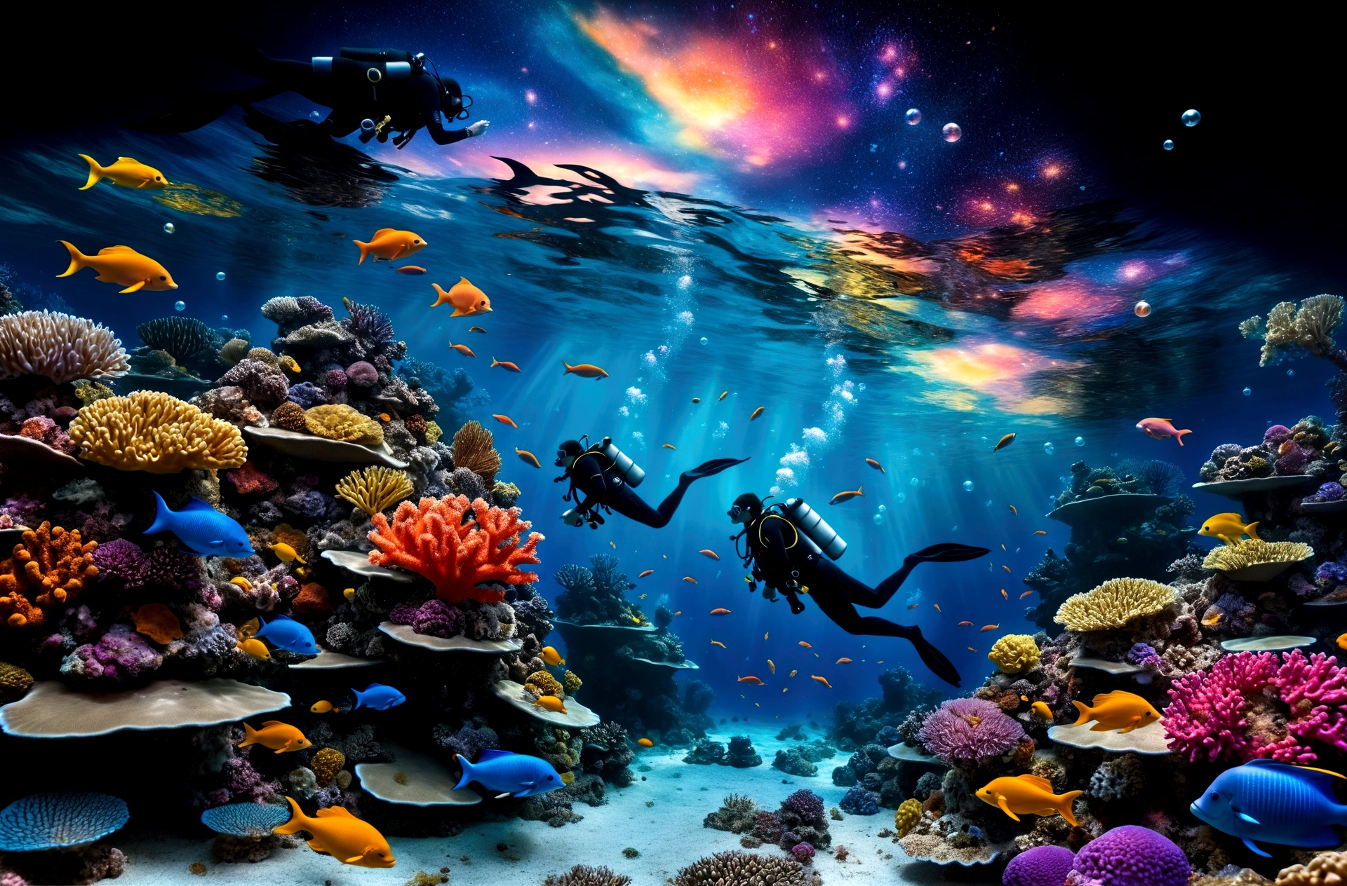 the image showcases a hyper-realistic and fantastical style, blending elements of underwater photography with digital art touches.(( A detailed diver in full gear explores a vibrant coral reef )), surrounded by multicolored fish that emit pulsating lights. (( Small bioluminescent creatures dance around the diver, leaving luminous trails behind them )). only one dolphin, gracefully leaping above the water toward the upper center of the image, leaves a trail of stardust in its wake. ( Ethereal bubbles reflecting the cosmic sky gently float around the underwater scene ), while bioluminescent orbs drift in the water, emitting a soft bluish light and creating mystical reflections. The dense and colorful coral reef occupies much of the center of the image, while the background shows a transition between the ocean and a spectacular starry sky, with luminous galaxies and nebulae. Silhouettes of mythical creatures, such as mermaids or aquatic dragons, can be seen in the background. The depth of field is vast, allowing for clear sharpness of both near and distant elements, giving a sense of immensity and depth to the image. Dominant colors include deep blues of the ocean, vibrant oranges and yellows of the fish, and purples and pinks of the galaxies and corals. These contrasting colors enhance the fantastical and dreamlike quality of the image. The composition follows a diagonal from the bottom left to the top right, guiding the viewer's eye from the diver and corals to the dolphin and the cosmic sky. This diagonal reinforces the dynamism of the scene. Finally, a shimmering mist envelops the scene, giving it an ethereal quality, almost like a dream.