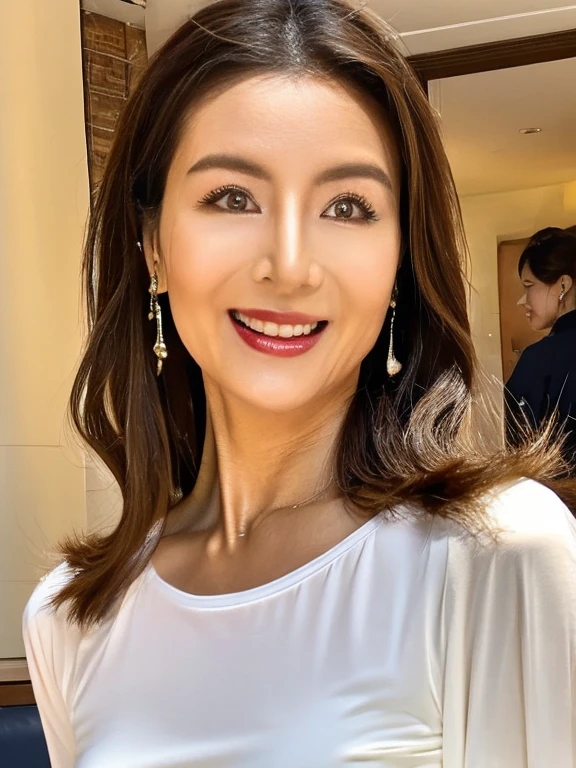 (Extreme close up of face:1.4), (Photo-realistic style, 超High resolution, 16K, High resolution, masterpiece), Very detailed, Perfect Anatomy, Perfect female face, Solo Japanese Mature, Neighbor's wife、Perfect Makeup、eye shadow、Eyeliner、Detailed face、Detailed eyes、Red lipstick, Captivating look, Wearing a white T-shirt, Straight hair, Age: 50, mature, sexy, smile, ponytail、、(The face is facing you:1.2)、(Looking at the audience),