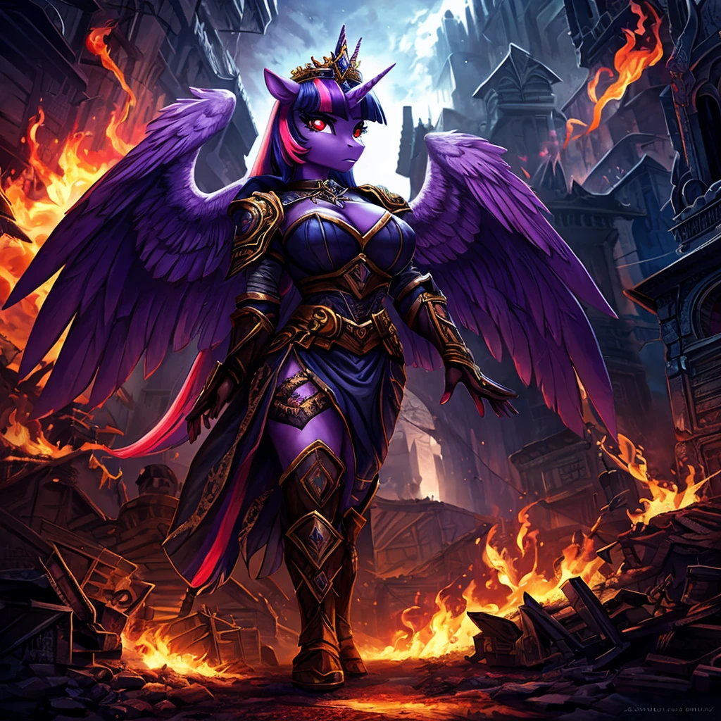 A war-torn apocalyptic city in flames, an evil leader anthro alicorn pony queen Twilight Sparkle with a scar across face, 1girl, corpse, detailed feathered wings and unicorn horn, detailed hands and feet, wearing steel armor, surrounded by dark magic and flames, wearing a crown, beautiful detailed eyes, beautiful detailed lips, big breasts, red eyes, extremely detailed eyes and face, long eyelashes, anime portrait, fantasy portrait, dark fantasy, concept art, digital painting, hyper-detailed, cinematic lighting, volumetric lighting, dramatic colors, deep shadows, moody atmosphere, intricate texture, highly detailed armor, ornate crown, glowing dark magic effects, dynamic pose, photorealistic, 8k, HDR, physically-based rendering, vibrant colors, cinematic framing