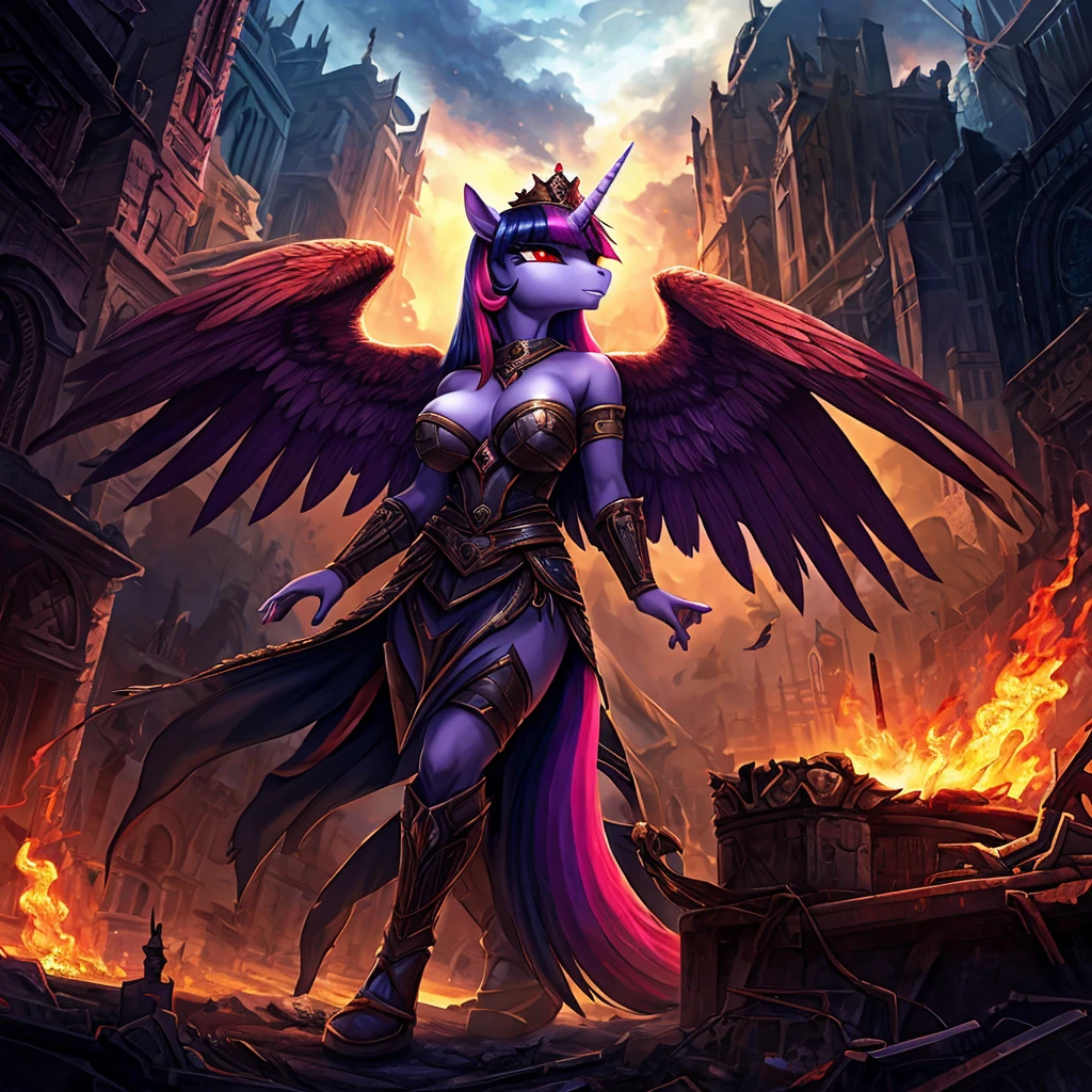 A war-torn apocalyptic city in flames, an evil leader anthro alicorn pony queen Twilight Sparkle with a scar across face, 1girl, corpse, detailed feathered wings and unicorn horn, detailed hands and feet, wearing steel armor, surrounded by dark magic and flames, wearing a crown, beautiful detailed eyes, beautiful detailed lips, big breasts, red eyes, extremely detailed eyes and face, long eyelashes, anime portrait, fantasy portrait, dark fantasy, concept art, digital painting, hyper-detailed, cinematic lighting, volumetric lighting, dramatic colors, deep shadows, moody atmosphere, intricate texture, highly detailed armor, ornate crown, glowing dark magic effects, dynamic pose, photorealistic, 8k, HDR, physically-based rendering, vibrant colors, cinematic framing