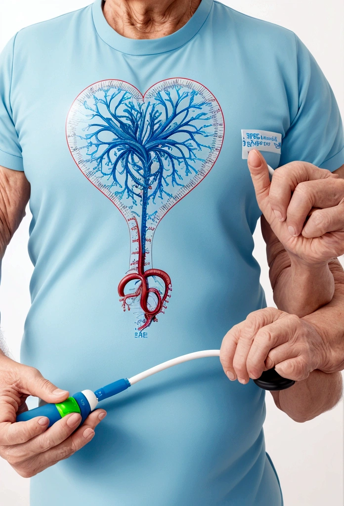 Create an image for a product designed to treat hypertension. Depict a middle-aged or older person who is active, such as running, cycling or gardening. Use a calm colour scheme (blue, green, white) to emphasise a healthy and active lifestyle. Add medical context (heart charts, arteries, blood vessels) and scientific elements (molecular structures, laboratory instruments). Include a short text block with the main benefits of the product: "Effective control of blood pressure", "Healthy heart - healthy life", "Regain your energy and activity". The image should evoke a sense of hope and confidence, emphasising the reliability and professionalism of the product.