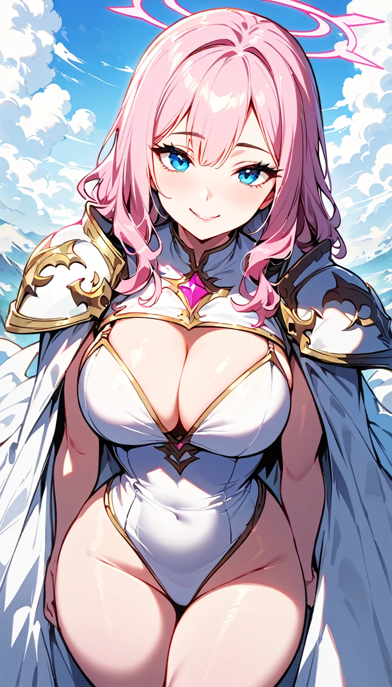 (high quality, 8k, 4K, high contrast, artwork:1.2, high quality, best aesthetics), (centralized), ((1 woman)), erotic, sensual, mature body, super detailed, beautiful face detailed, beautiful eyes detailed, detailed beautiful mouth, sexy body, perfect breats, perfect wide thighs, light pink hair, long light pink hair, wavy light pink hair, blue eyes, white medieval armor with sexy pink details, cleavage, shoulder pads, long white cape, exposed thighs, exposed belly, pink angel halo, smiling, calm facial expression, standing erect, looking at the viewer, centered, above the clouds, clear sky.