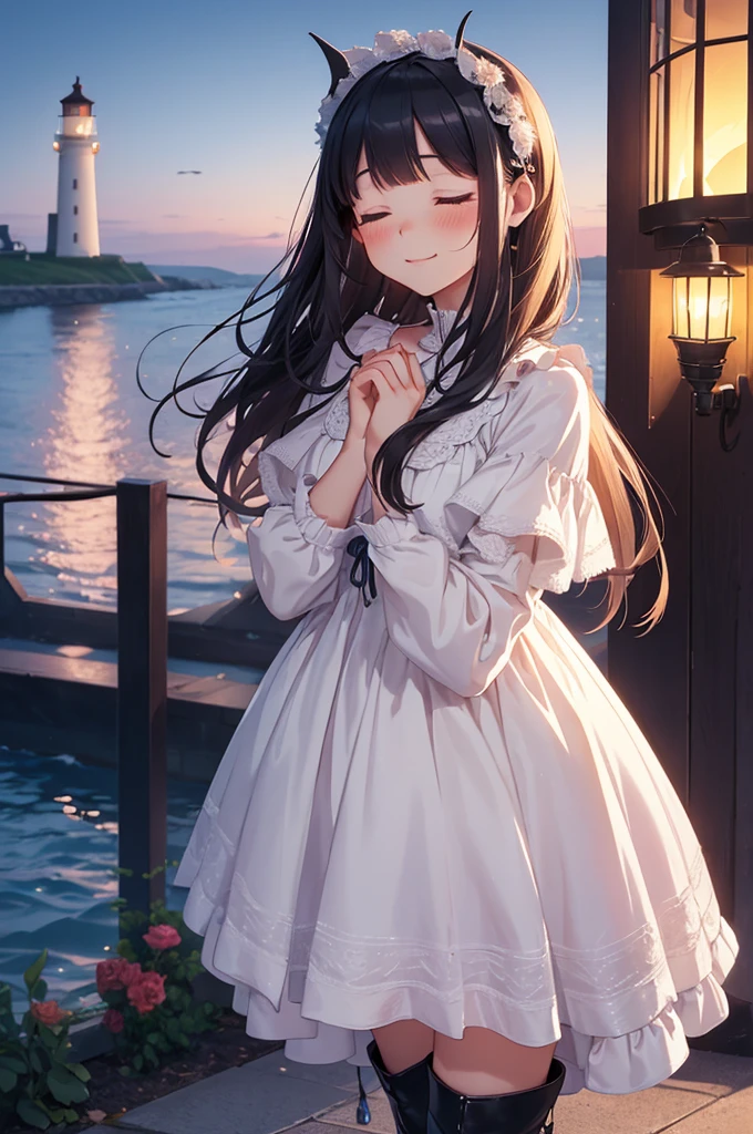 twilight, nightfall, tall lanterns, dusk sea on the background, lighthouse far away, city garden, beautiful, masterpiece, 1-girl, teen aged, long lolita style white dress, happy face, closed eyes, blush on the cheeks, A hand is outstretched towards me, very long fair hair, high black leather boots