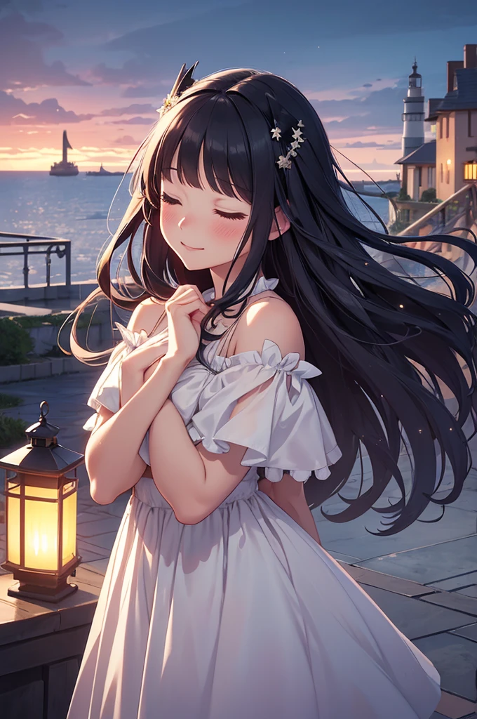twilight, nightfall, tall lanterns, dusk sea on the background, lighthouse far away, city garden, beautiful, masterpiece, 1-girl, aged, long lolita style white dress, happy face, closed eyes, blush on the cheeks, A hand is outstretched towards me, very long fair hair, high black leather boots