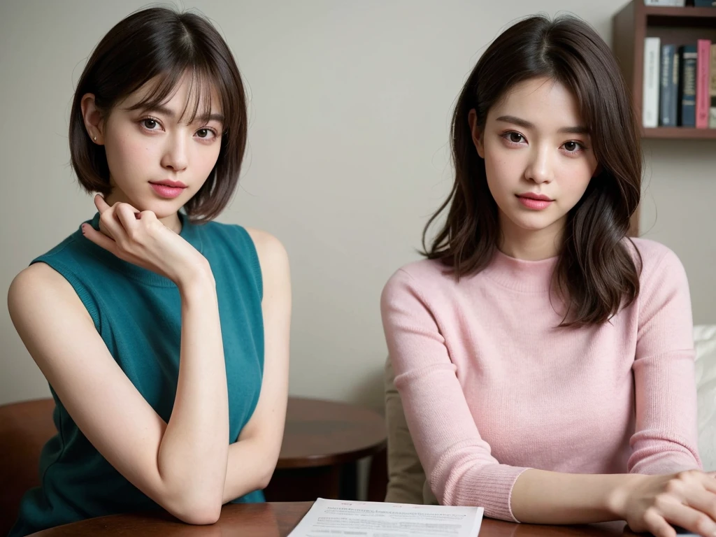 (Sleeveless:1.3) Very sexual body 、
Put your hair up to reveal a sexy nape or neck 、beautiful, thin, Fair Arms　Pureeros　(super highest quality:1.3) (Very realistic, Realistic:1.3), (Sharp focus:1.3) Pure　(Sharp focus:1.3) Wide background々Luxurious living room　Bookshelf　3D　Beautiful gradients　  A happy and kind smile　Very high quality and stylish　See-through bangs　　Elegant and intelligent　Clean and stylish　Excellent Education　Women's Fashion Magazine　model　　 (Realistic and very high quality:1.3). (High resolution/High resolution:1.3)　　Tabletop, Very delicate and beautiful, Soft Light, (Brown Hair, Shoulder-length straight bob hair)  Beautiful detailed girls, Highly detailed eyes and face, beautifully detailed nose, thin and beautiful eyes, 1 girl, Japanese, Pureな beauty, cute, young, Very stylish　　A spring sweater in spring-like colors　Very stylish　Supported by women　Trending Fashion　, (Medium Chest), Realistic Face, Realistic body, 