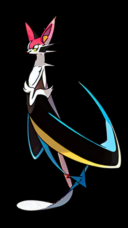 High detailed, 1 fakemon, cat, large hair, Summer hat, long ears, large whiskers, short paws, extremely large lenght tail, flying, she is using a Summer hat