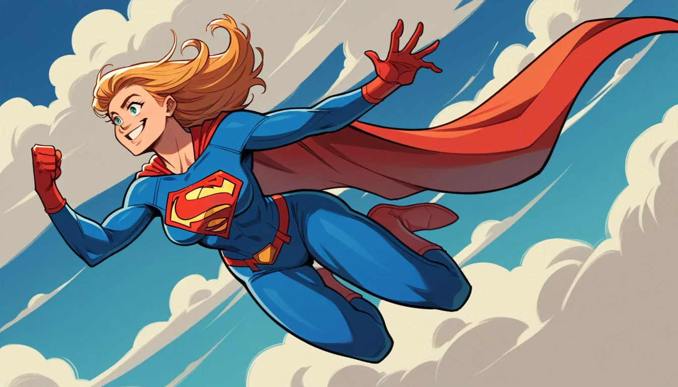 masterpiece, best quality, highres, absurdres, best quality, , smile, superman costume, sky,  suspended in the air, full body, from away, new york, from below, Alex Ross-style superman portrait, Draw in cartoon style a flying Superman with a proud and smiling expression on his face. In the background, Gotham City should be visible. Ensure the drawing is in a 16:9 aspect ratio.
Estimated 