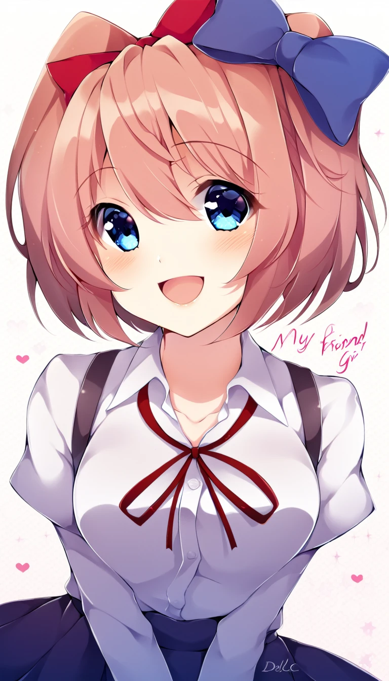 one girl, Sayori, DDLC, Doki Doki Literature Club , cheerful girl, hair bow, cute, open mouth, cute pose, light blue eyes, careless girl, my best friend, smile cutely, feel happy