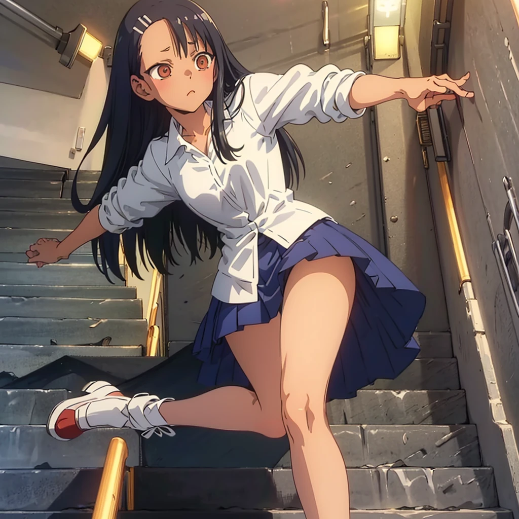 masterpiece, best quality, anime, highly detailed face, highly detailed eyes, highly detailed background,nagatoro hayase,1girl.solo,(stairs:1.2),ass, kneehighs, looking back,(pantyshot:1.1), pleated skirt, white panties,running,(from below:1.1),