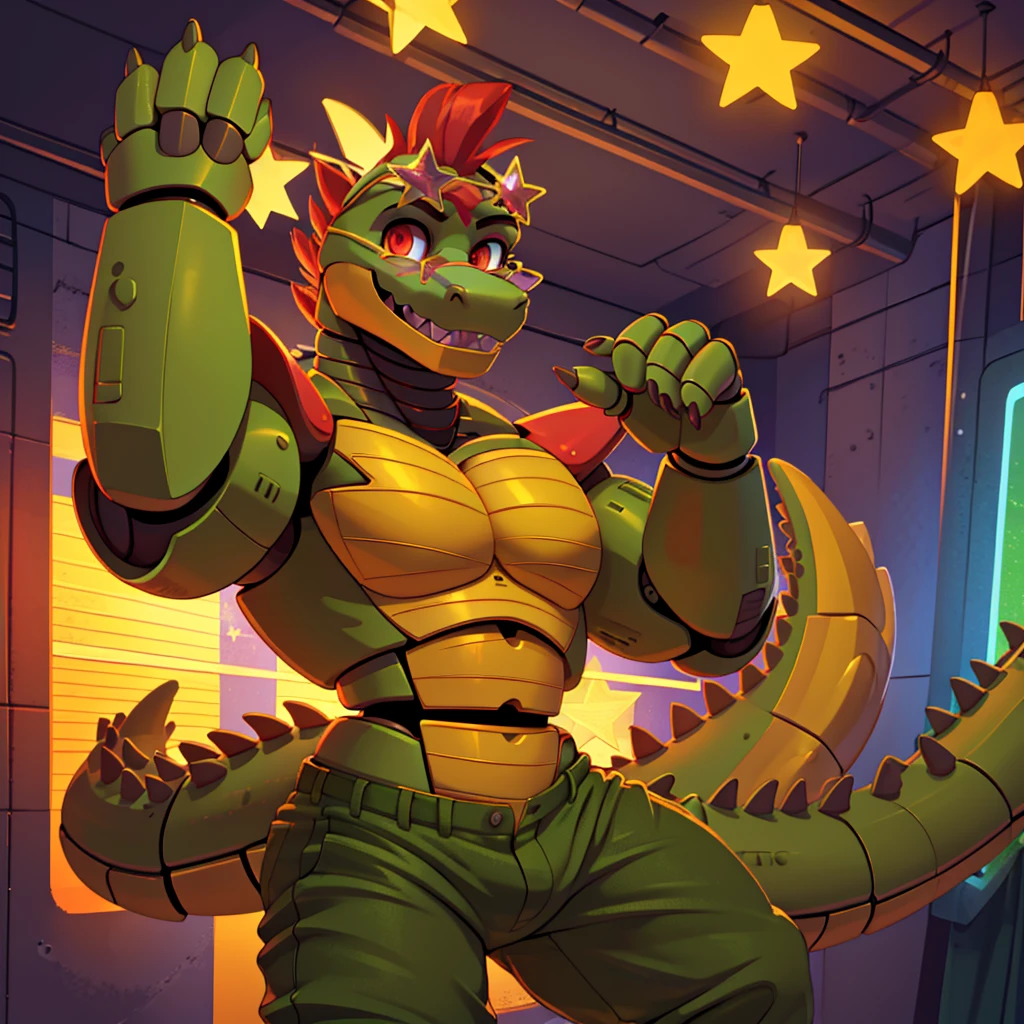 (masterpiece), ((perfect anatomy)), (high Res), (4k), alligator, buff, strong, red eyes, wide shoulders, (robot), (animatronic), happy, (no shirt)), ((green pants)), ((yellow star shaped glasses)), (cute artstyle), (((solo)))