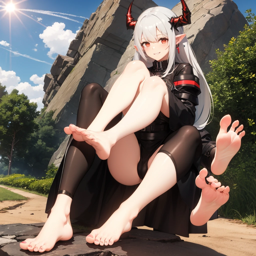 score_9,score_8_up,score_7_up,1girl,mudrock (arknights),dirty,feet,gloves,helmet,horns,soles,red eyes,barefoot,pointy ears,breasts,solo,long hair,white hair,black gloves,toes,hardhat,foot focus,looking at viewer,sitting,sweat,parted lips,dirty feet,holding,outdoors,sky,bangs,oripathy lesion (arknights),day,smile,blush,demon horns,infection monitor (arknights),foreshortening,sun, NSFW