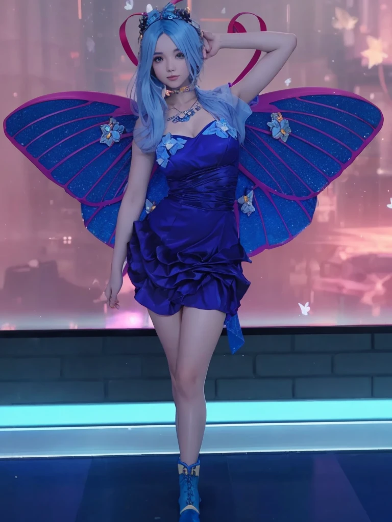 A beautiful girl in full body, with straight blue hair, with blue party dress, with blue butterfly wings and blue boots.
