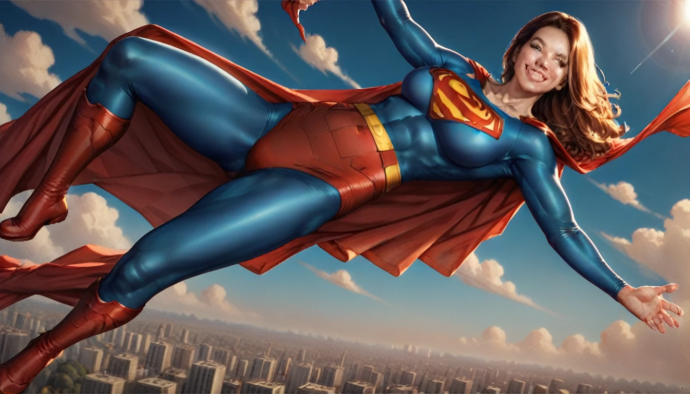 masterpiece, best quality, highres, absurdres, best quality, , smile, superman costume, sky,  suspended in the air, full body, from away, new york, from below, Alex Ross-style superman portrait, Draw in cartoon style a flying Superman with a proud and smiling expression on his face. In the background, Gotham City should be visible. Ensure the drawing is in a 16:9 aspect ratio.
Estimated 