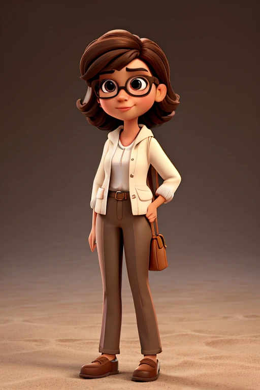 Create pixar movie character from the movie fun , is a woman , fair brown-skinned, medium straight hair,thick lips, wears large square glasses with brown frames,eyes browns. Wear a white coat, wears brown pants, wear black low heel shoes