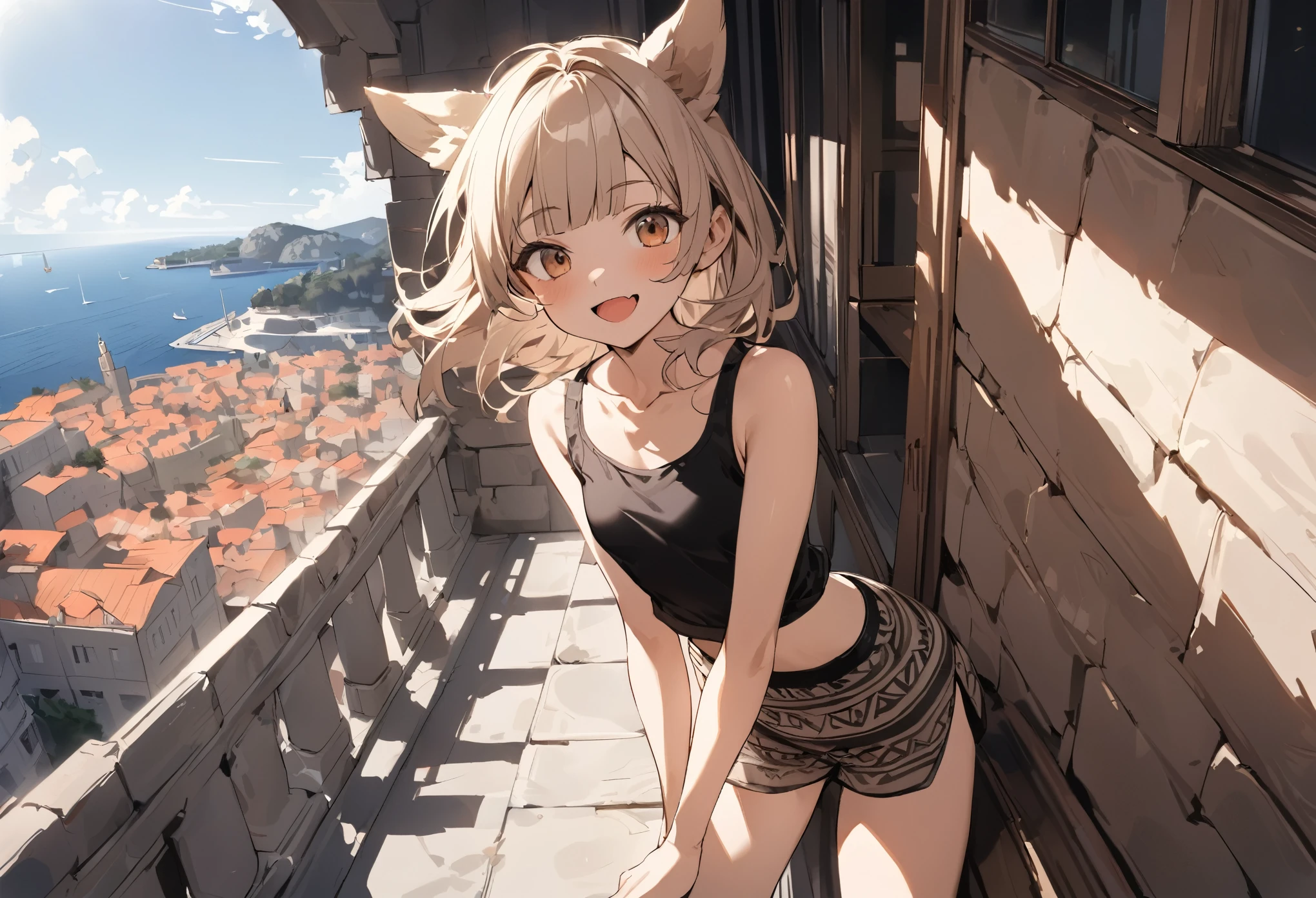 ((Masterpiece)), ((best quality)), (wide shot), (super detail:1.2), (High Definition:1.3), ((extremely detailed)), (8K), (Professional Photography:1.2), (very aesthetic:1.2), (absurdres:1.2), (sharp focus), (perfect light), (drop shadow), 8K, Glossy skin, cinematic lighting, 1girl, (Knit fabric crop top), (dolphin shorts), (Cute innocent age girl), slendar body, small breast, glossy medium hair, (loose blunt bangs), open mouth wide, skin fang, (smug), beautiful collarbones, (slightly exposed shoulders), (put on cat ears), pale brown hair, Hair that flutters in the wind, BREAK, ((raise fist)), (cute cheeks), glossy lips, pouty lips, (lower eyelashes), ((indian style sitting)), (on Dubrovnik townscape in Croatia), summerday, perfect hands, (detailed background:1.2), (newest), clear line,