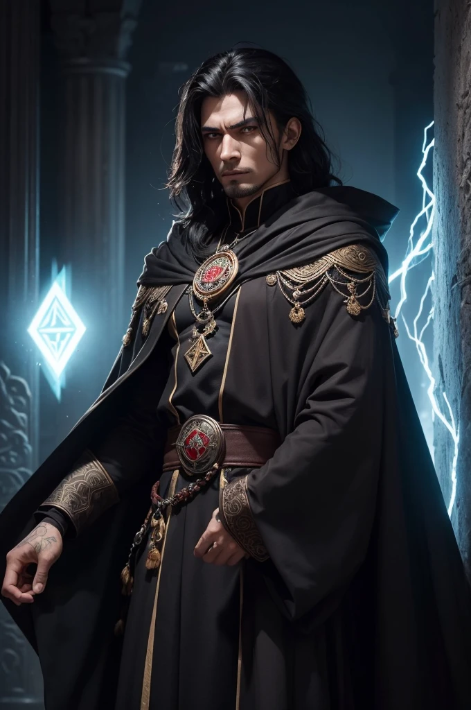 (extremely detailed CG unity 8k wallpaper), portrait of an elf in a black cloak, black hair, glowing eyes, male, detailed face, fantasy, , trending on ArtStation, trending on CGSociety, Intricate, High Detail, Sharp focus, dramatic, photorealistic painting by midjourney, greg rutkowski, John William Waterhouse